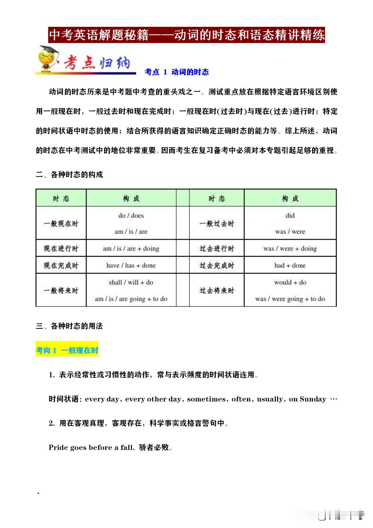 【11.27】同学们，初中英语想提分？《动词时态和语态》精讲精练与答题技巧，务必