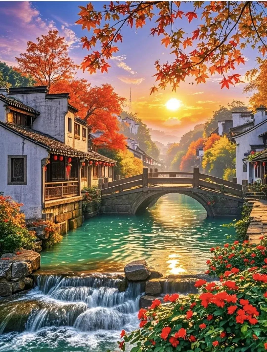 碧水清风翠柳，
临溪拱洞红枫。