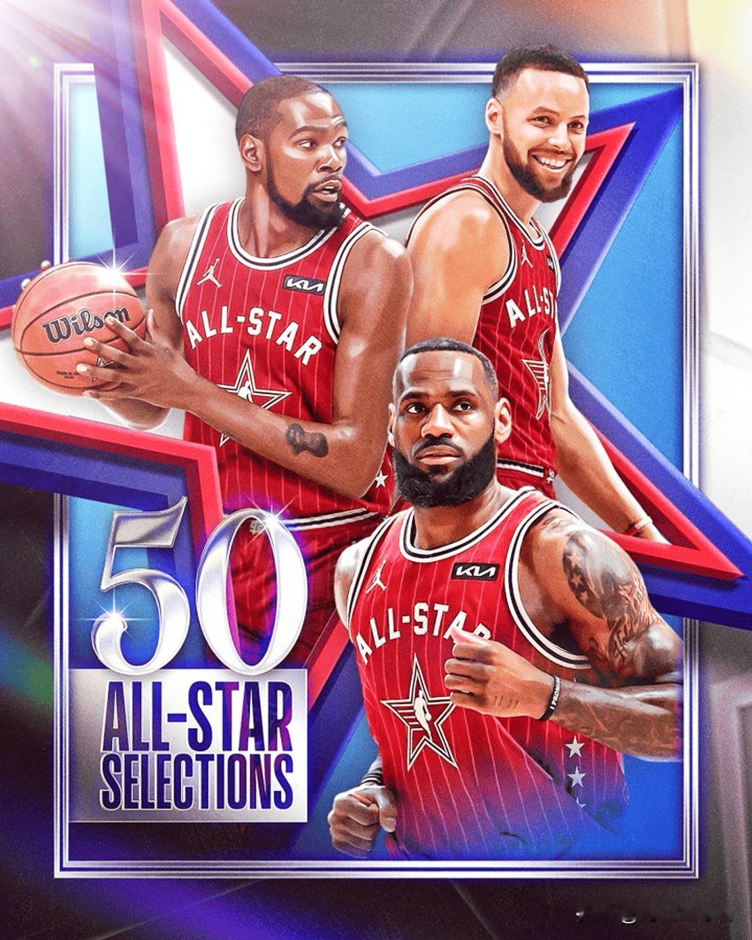 50次全明星从来不是荣誉室里的冰冷数字，而是勒布朗22号、杜兰特16号、库里12