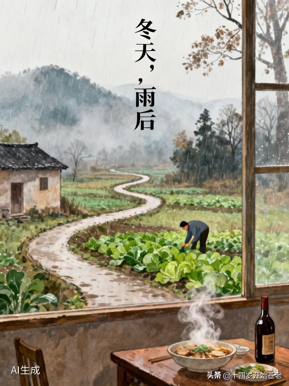 冬天，雨后
文/曾祥国残红
冬天，雨后，天蒙蒙的，远处的山蒙蒙的。乡村水泥路添了