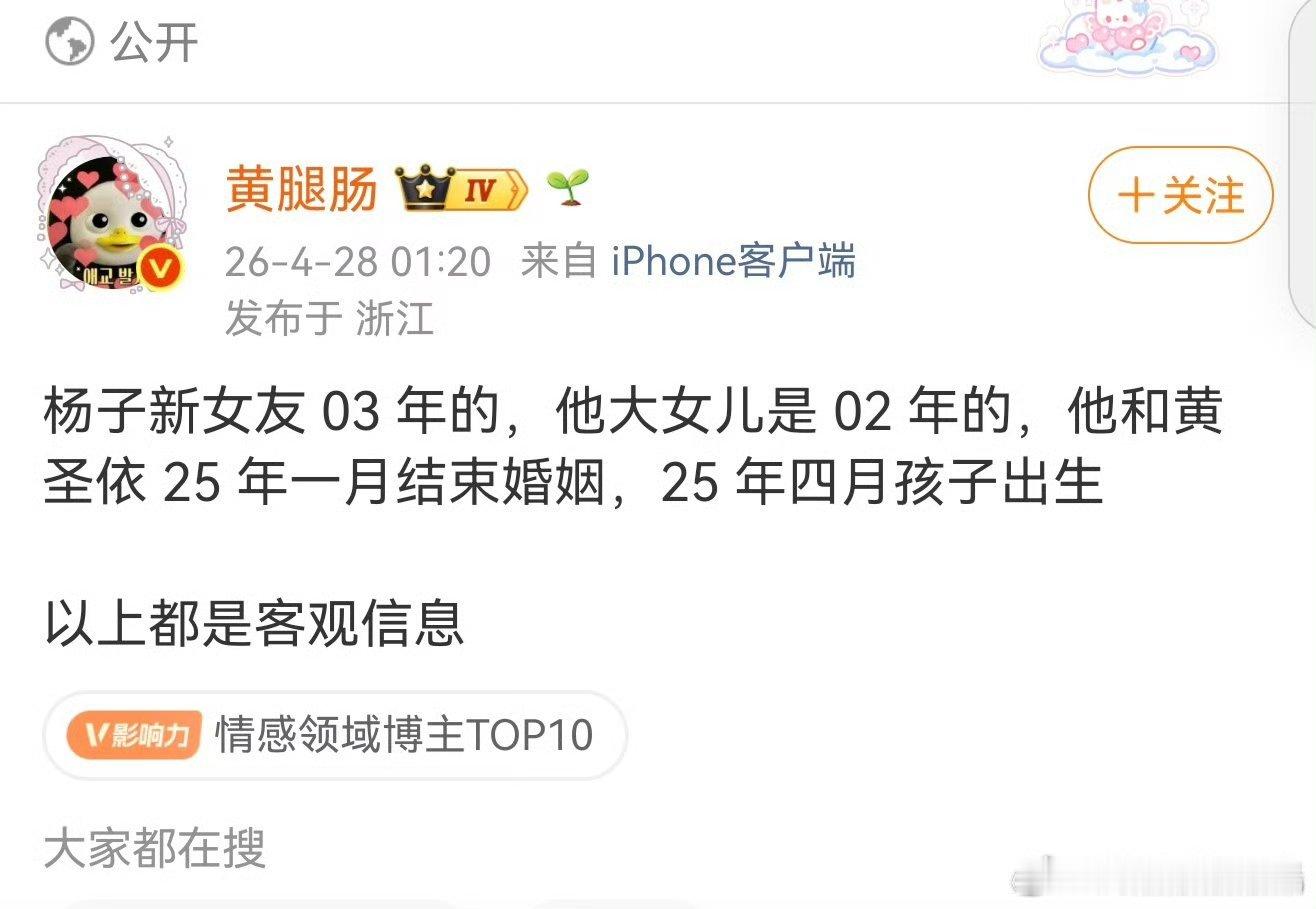 曝杨子新女友03年的为了给孩子名分离婚啊 