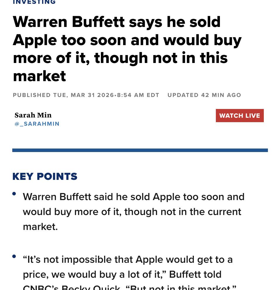 美媒：巴菲特在接受采访时表示自己卖出苹果股票过早，但买入时机更早，因此整体仍获利