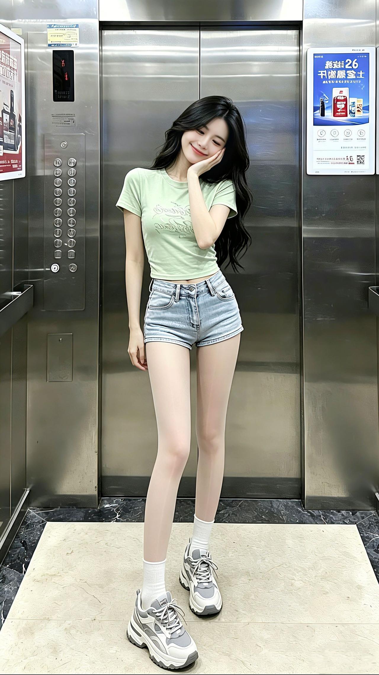 这种清爽不腻的夏日甜酷风你们爱了吗？电梯间里，短款青柠T裹着清甜的元气，牛仔短裤