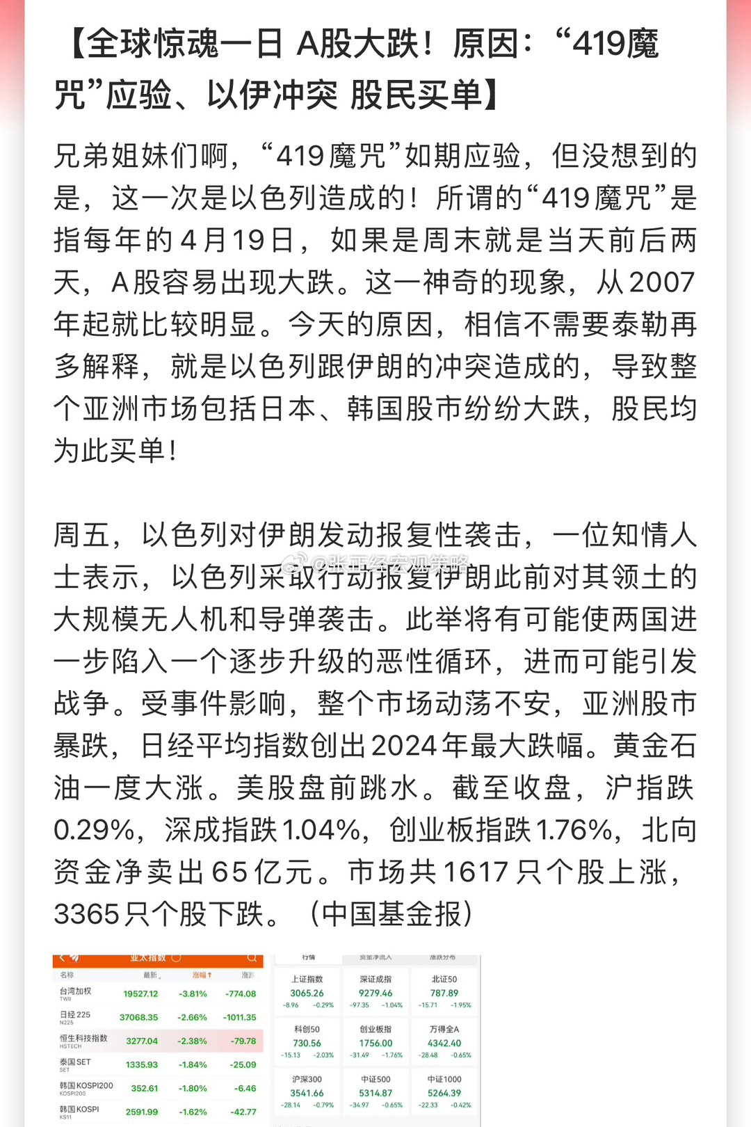 中国基金报：全球惊魂一日 A股大跌！原因：“419魔咒”应验、以伊冲突，股民买单