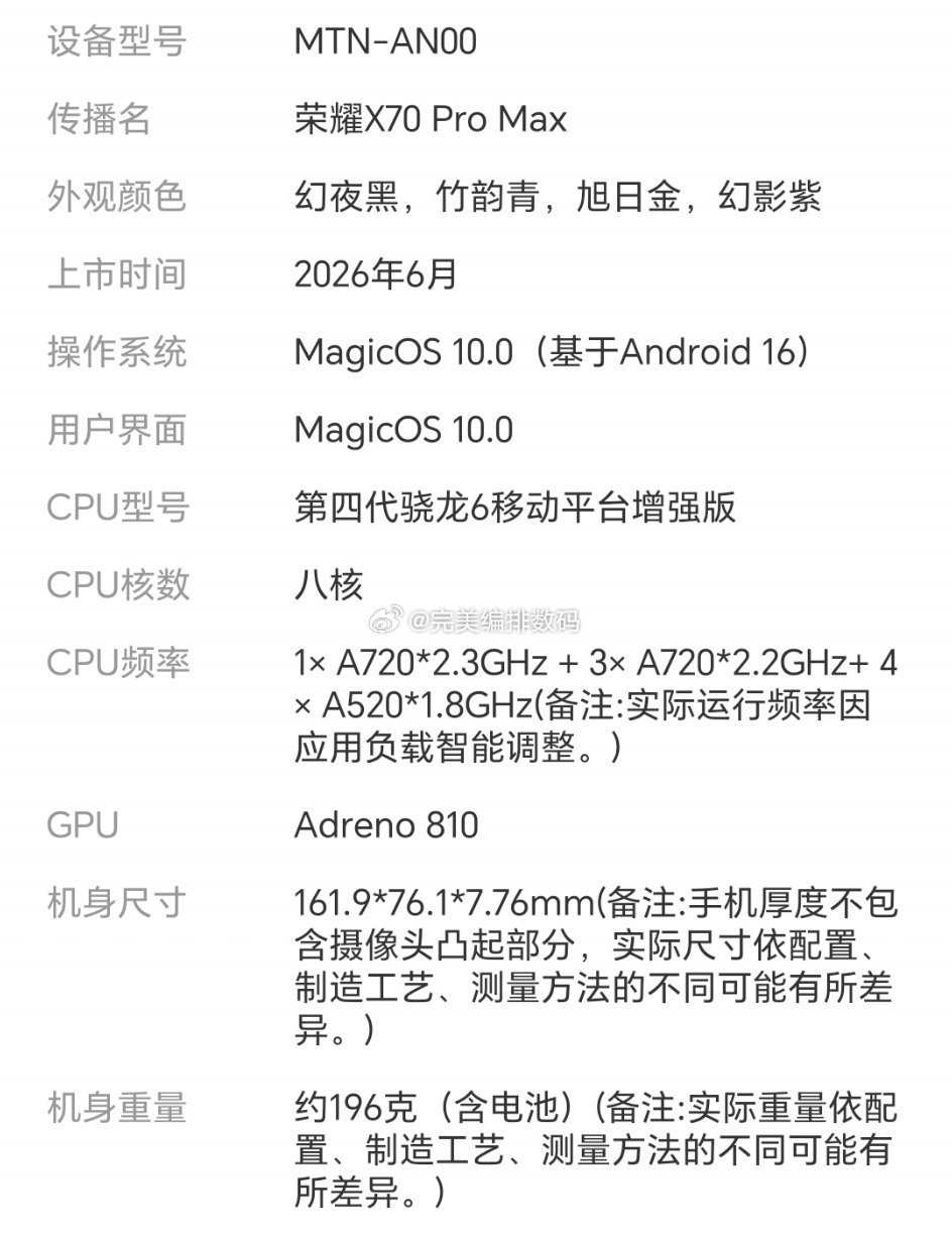 荣耀x70 Pro max 发布 (MTN-AN00)，处理器其实没变，电池宣传