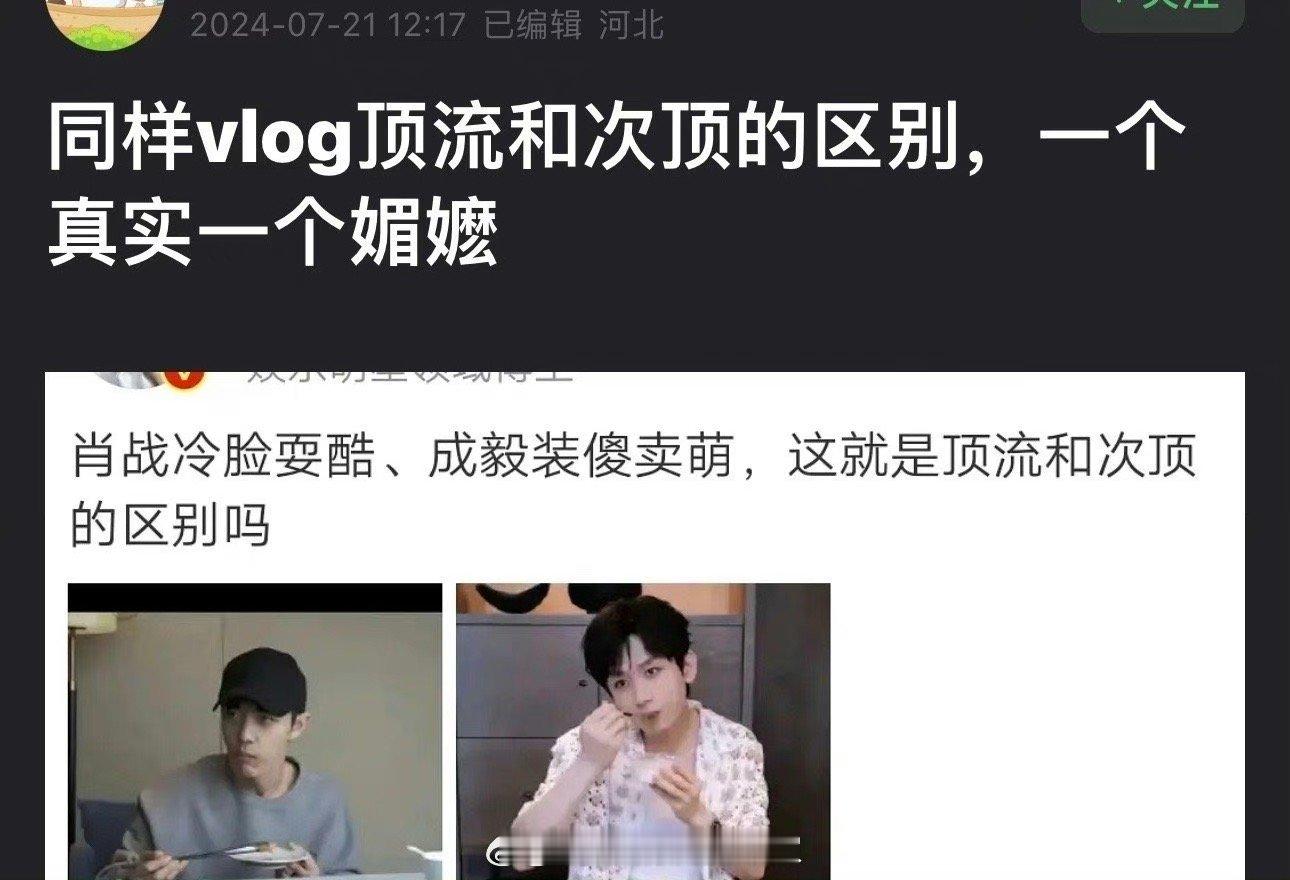 网友评价肖战和成毅同样是vlog，一个冷脸耍酷媚粉 一个装傻卖萌媚嬷，怪不得一个