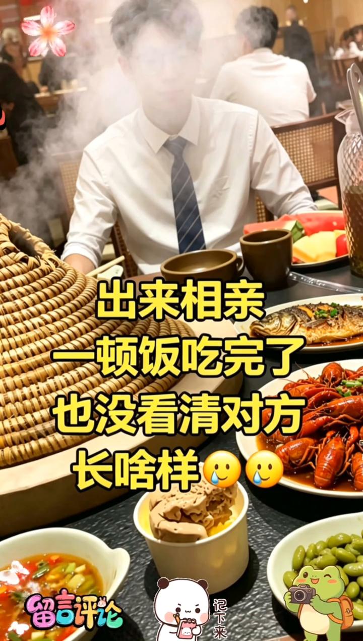 出来相亲，一顿饭吃完了也没看清对方长啥样。
留言评论，记下来。