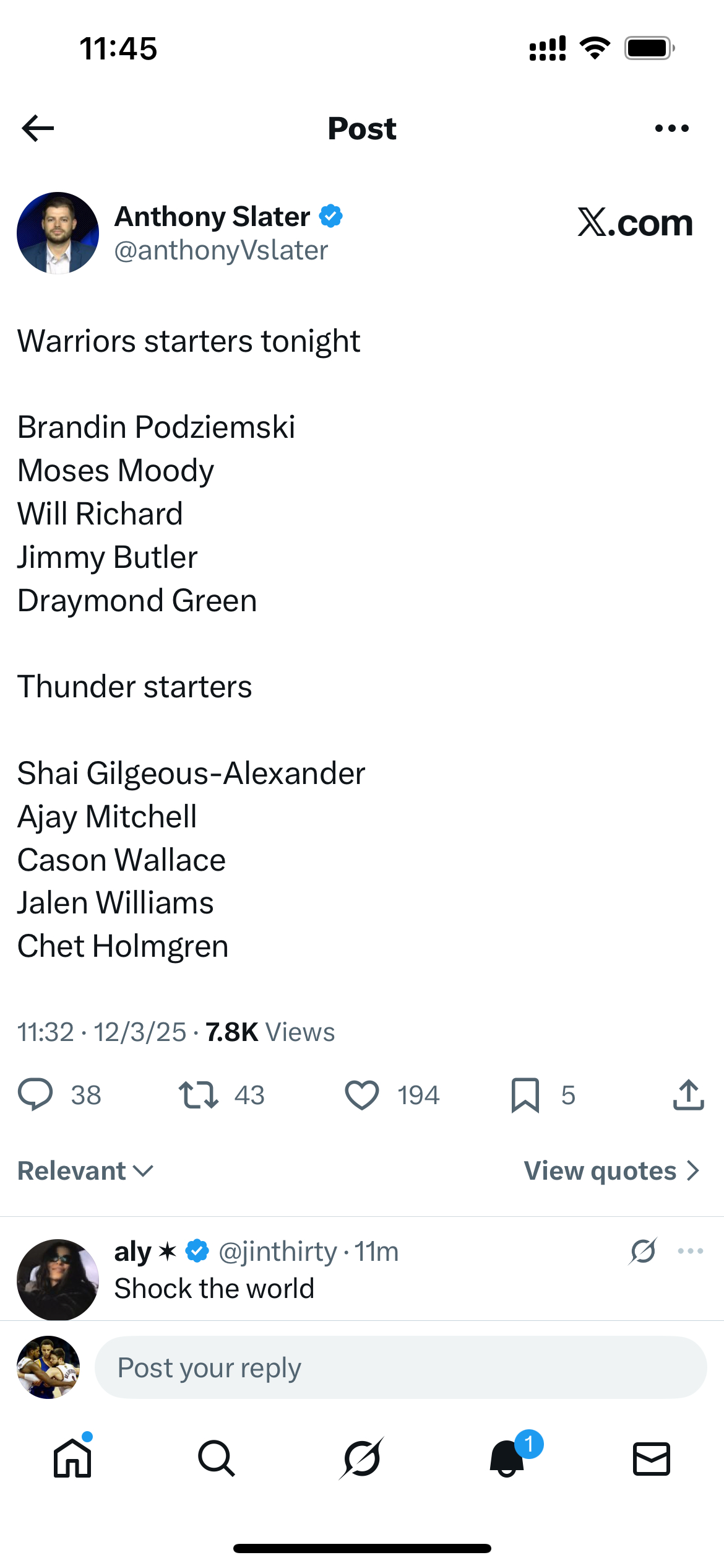 今天小阵容首发：波杰，理查德，穆迪，巴特勒和追梦 