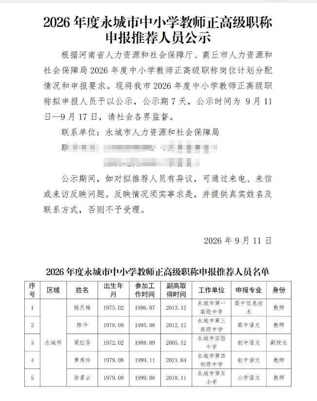 2026年度永城市中小学教师正高级职称申报推荐人员公示！共5名优秀教师们，名单如