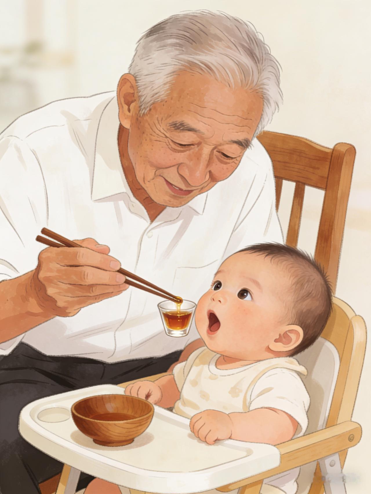 老人带娃五大陋习，你看看中招没有？
1. 筷子沾酒/嚼饭喂娃
嘴对嘴嚼饭喂、筷子