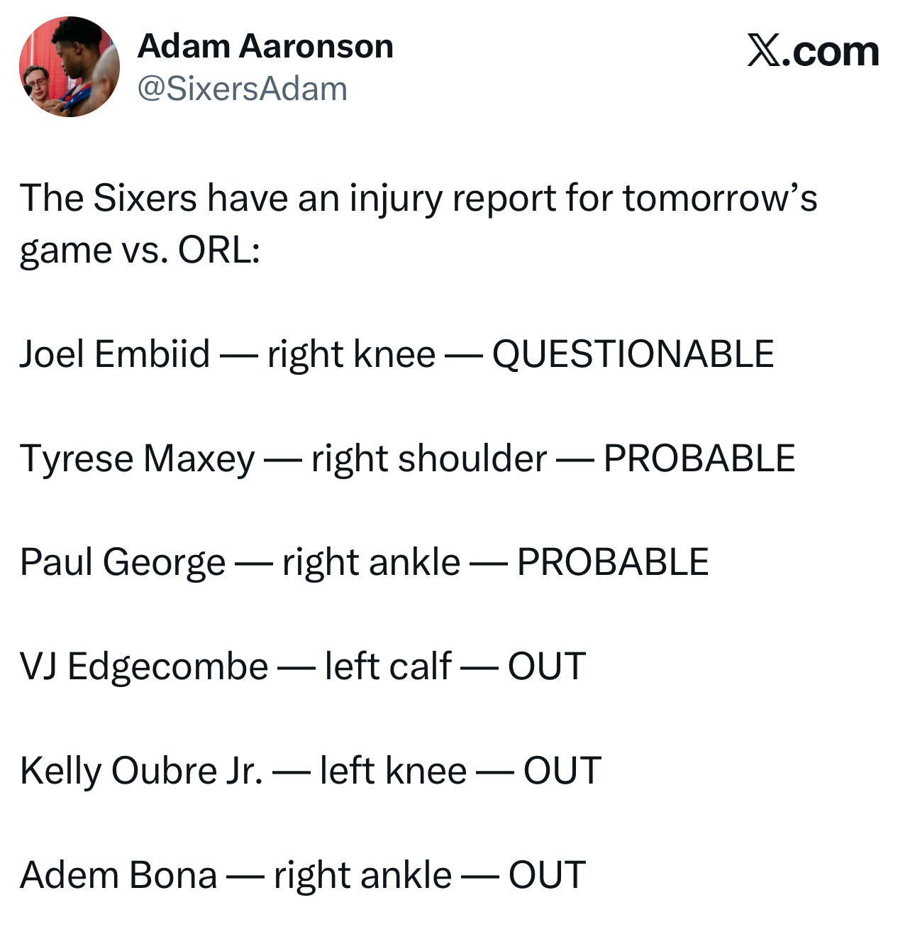 伤病报告更新：明天主场对阵魔术队，阿德姆·博纳（右脚踝扭伤）、凯利·乌布雷（左膝