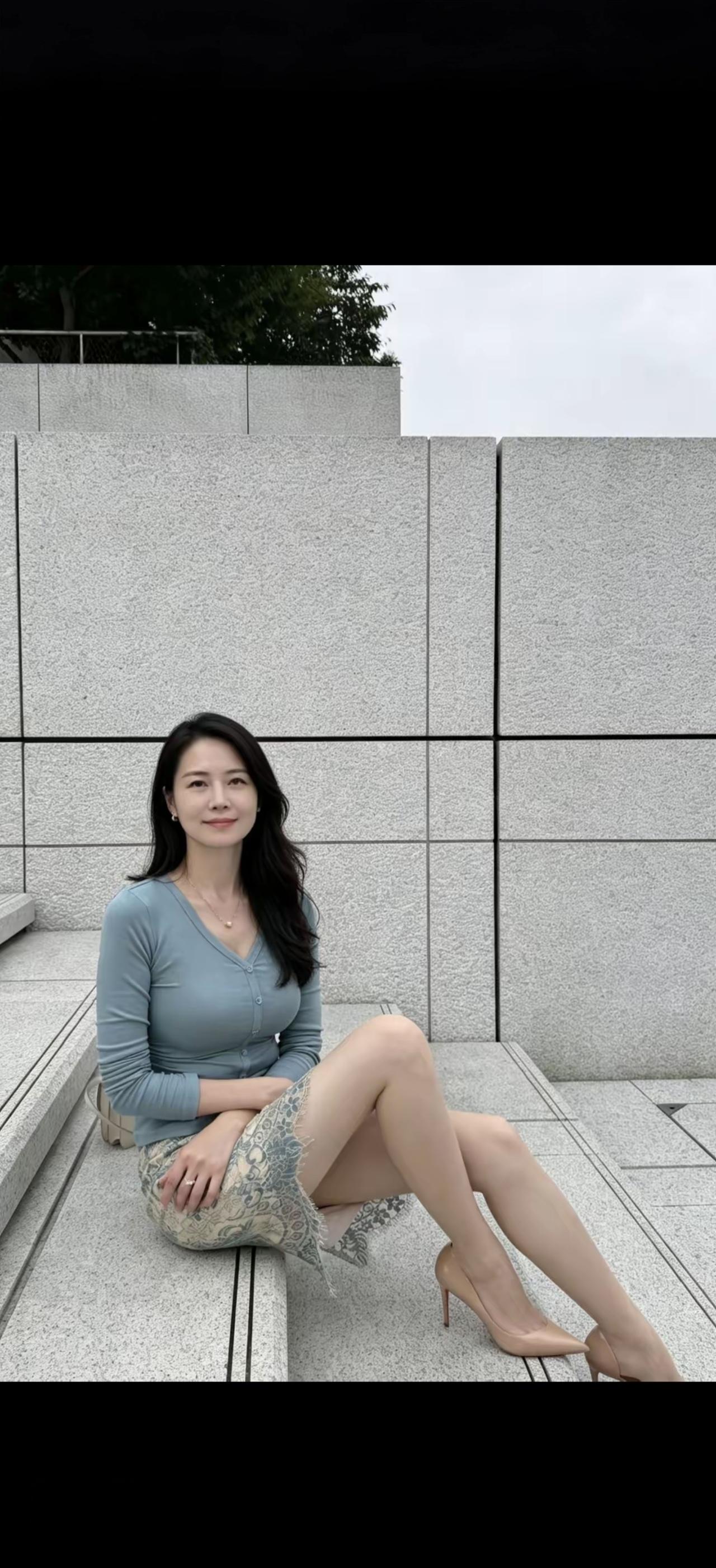 这妹子坐在台阶上，穿得真好看！
