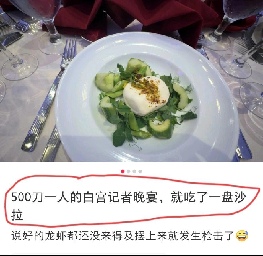 驻美记者发了一个吐槽的帖子:500美刀一人的白宫记者晚宴，就吃了一盘沙拉……
她