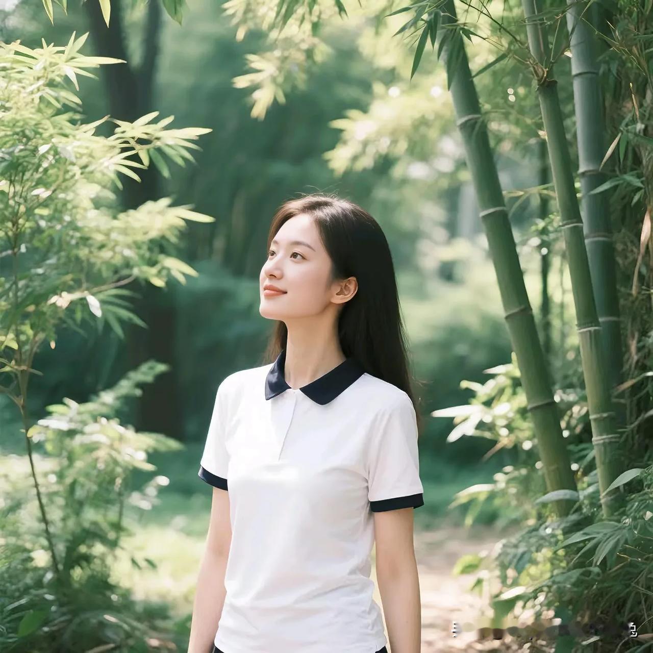 竹林中的清新少女，白衣黑领，自然纯净。