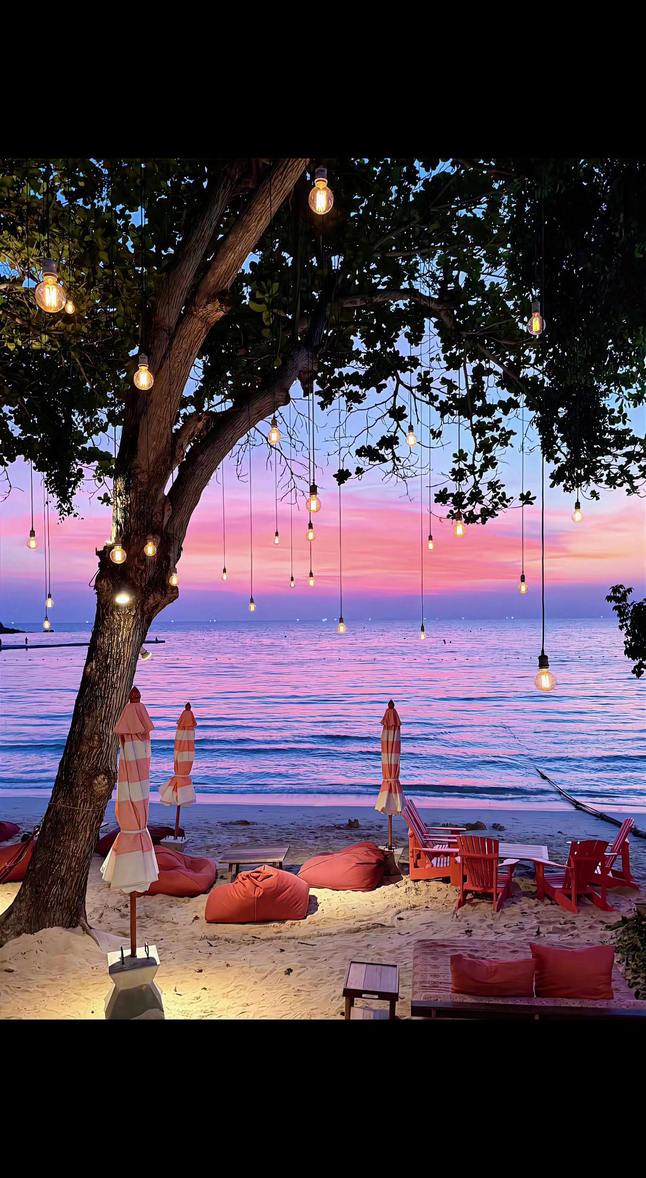 🌅海把天空染成橘子汽水，灯泡在枝头串起星子✨。沙上的懒人沙发，等风也等你。