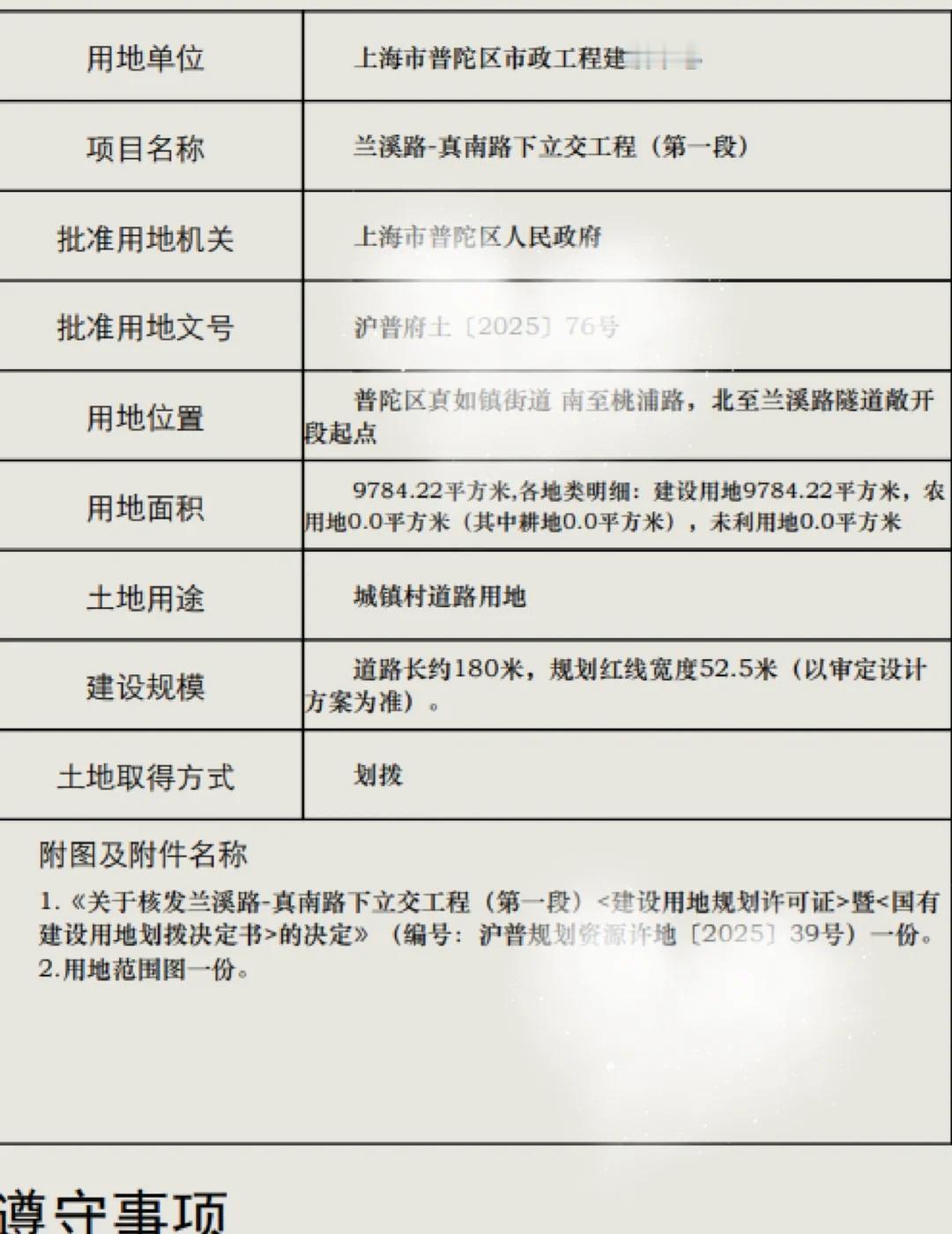 真如副中心 668_兰溪路-真南路下立交第一段
建设用地规划许可要求
项目名称：