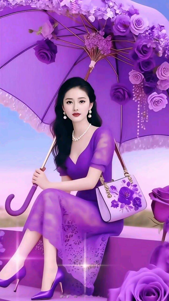 紫色梦幻少女，撑伞漫步花海
