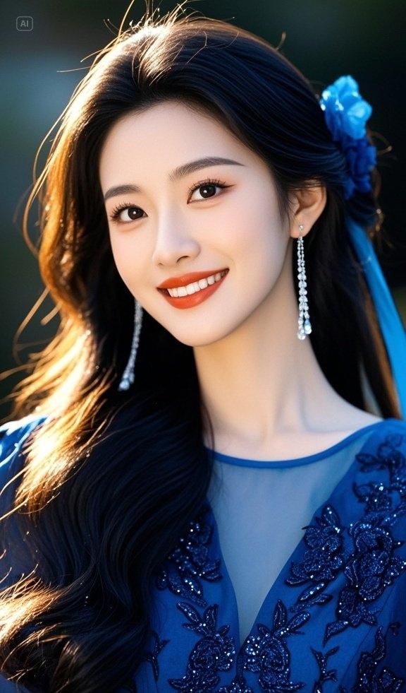 她笑容甜美动人，身着一袭优雅蓝色礼服，耳畔点缀着璀璨耳环，微光轻闪。清丽的笑颜温