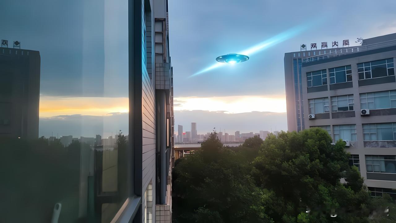 飞碟映霞光，楼阁映斜阳。