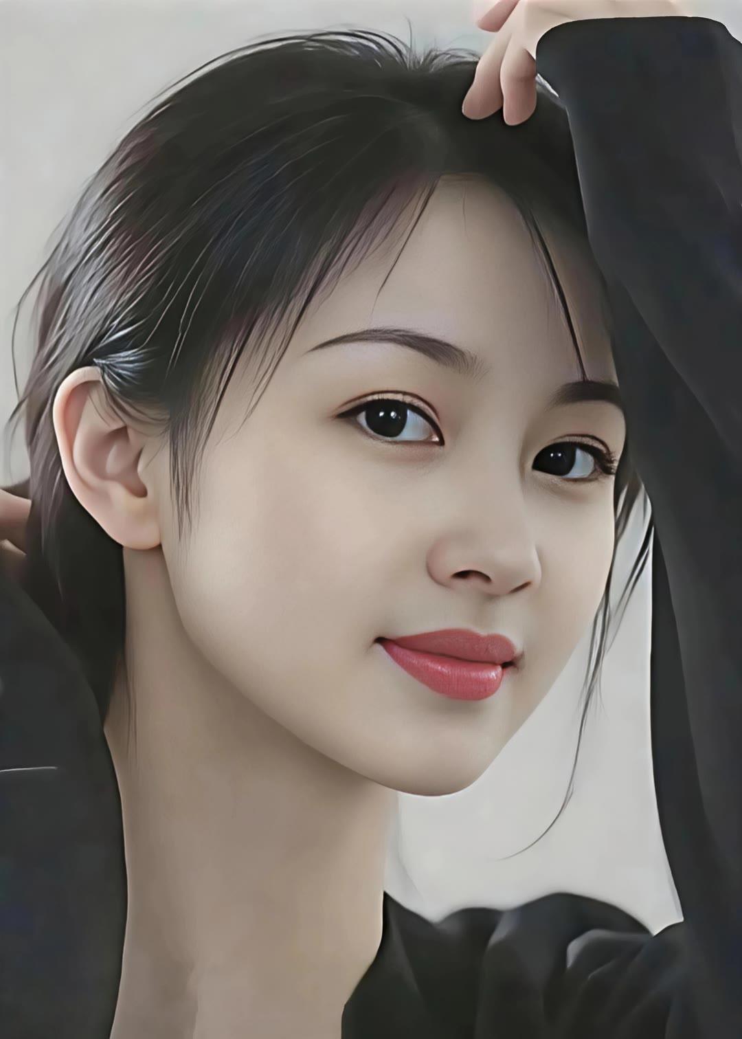 温柔甜美的少女，黑发红唇，微笑动人。