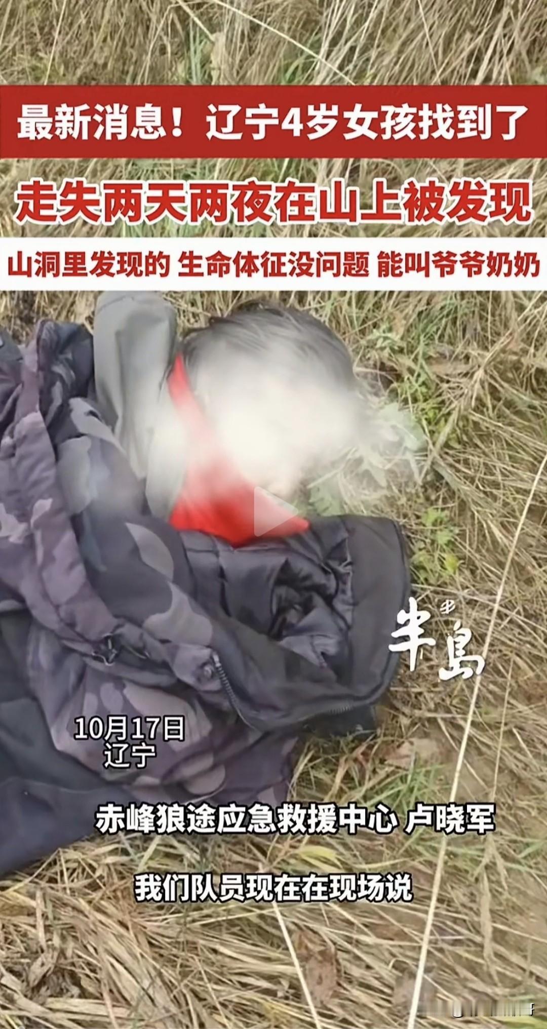 真幸运！辽宁丢失的4岁女孩找到了
发现位置距离丢失地点十公里
10月15日，女孩