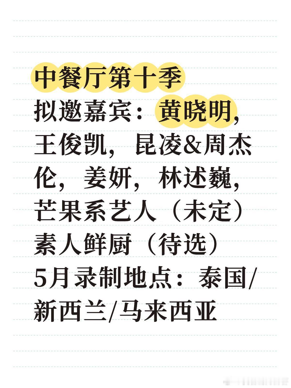 中餐厅第十季拟邀嘉宾：黄晓明，王俊凯，昆凌&周杰伦，姜妍，林述巍，芒果系艺人（未