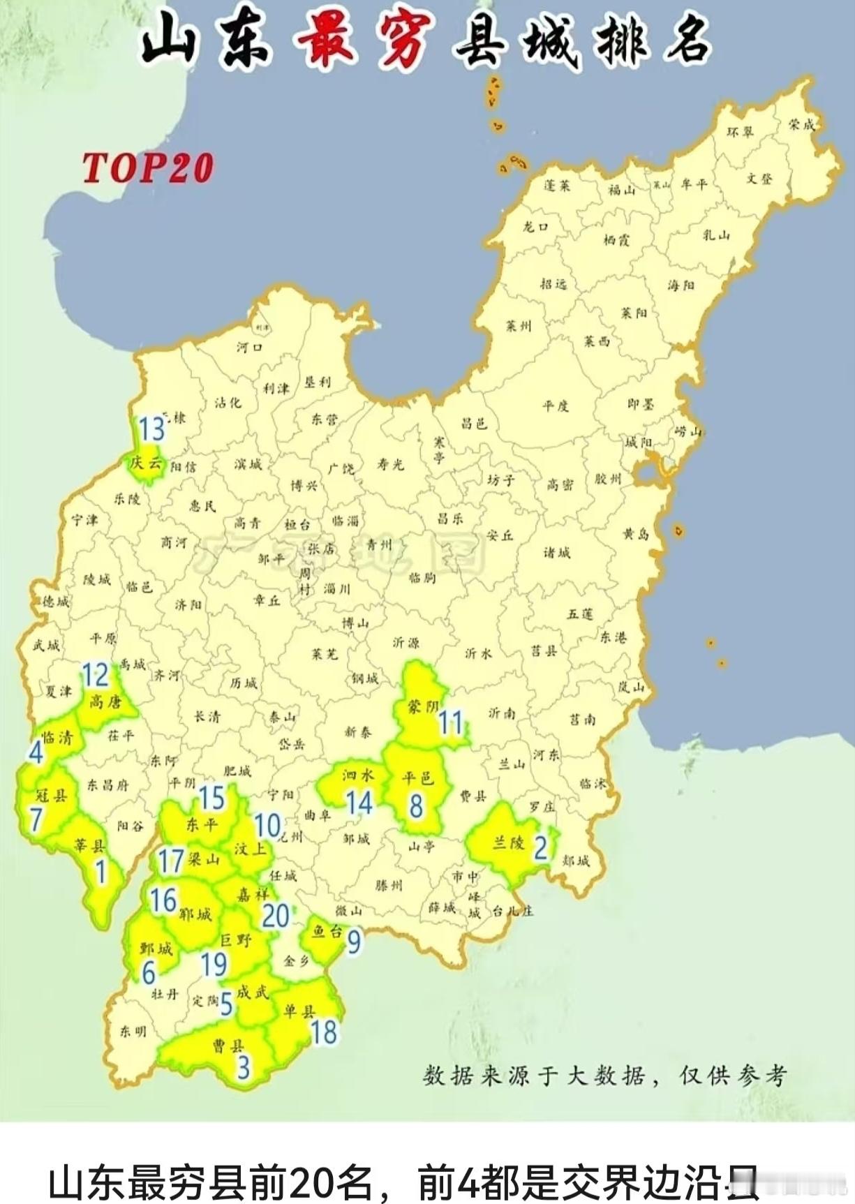 山东最穷的县，基本上都在鲁西，再加沂蒙山那一点。为什么穷？主要还是观念落后，思维