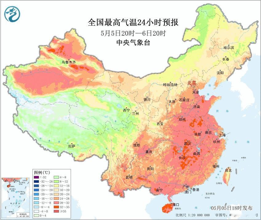 【气温】今天立夏，多地升温，有了夏天的气息。今天吐鲁番东坎34.9℃，热度全国第