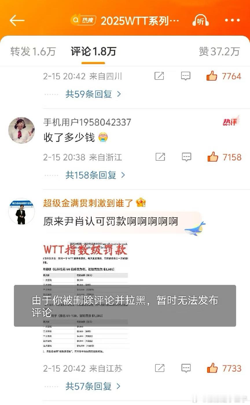 王皓马琳点赞尹肖  王皓  那就问问尹肖，为什么删评论？？质疑WTT存在强制运动