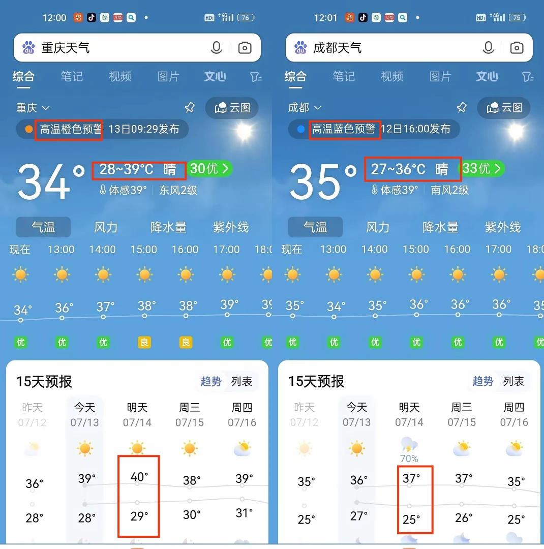 可以更详细地对比一下：
高温预警；最低温度~最高温度；连续几天的最低温度~最高温