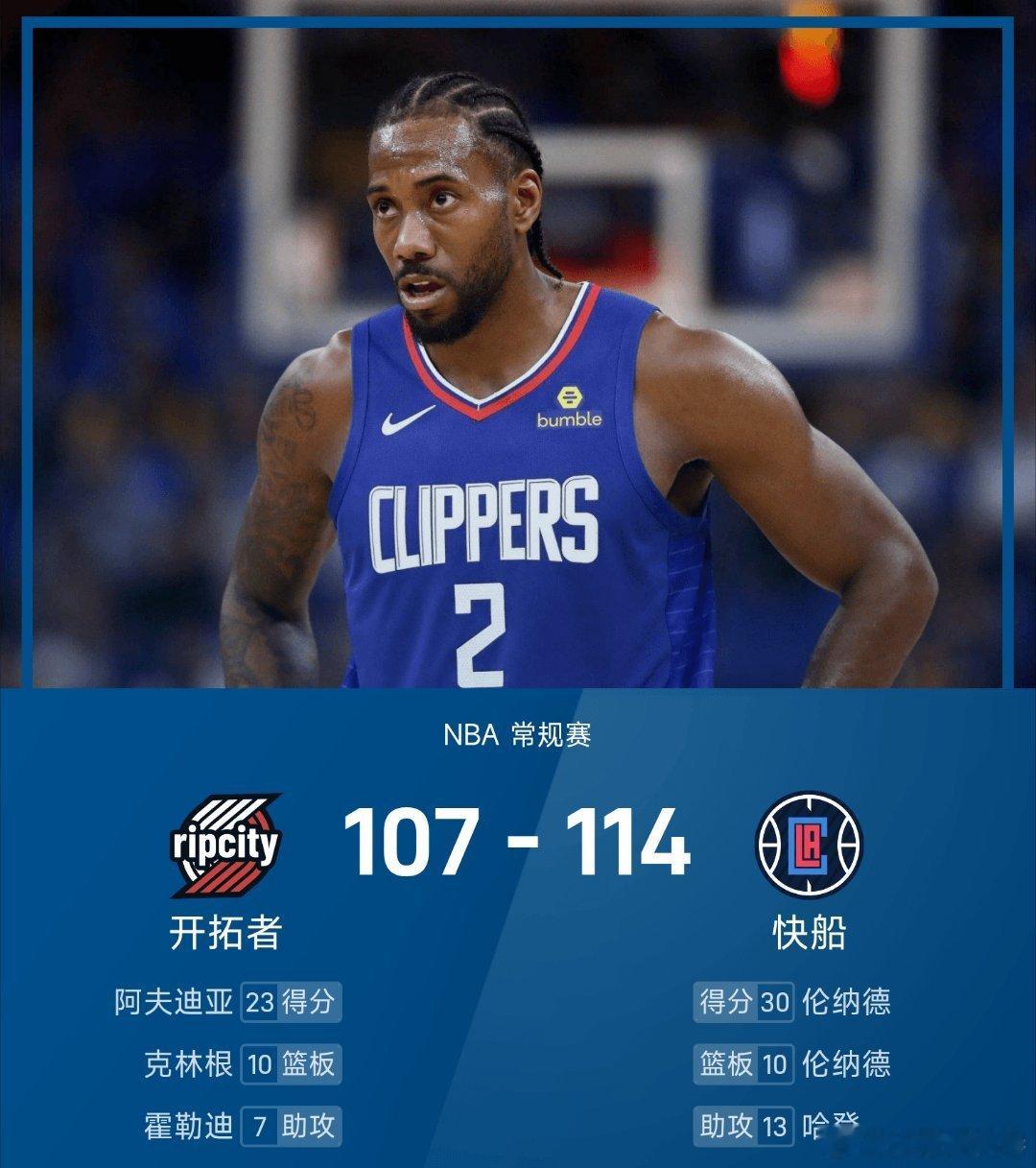 开拓者vs快船 快船114-107战胜开拓者。杨瀚森得2分1篮板，伦纳德砍下全场