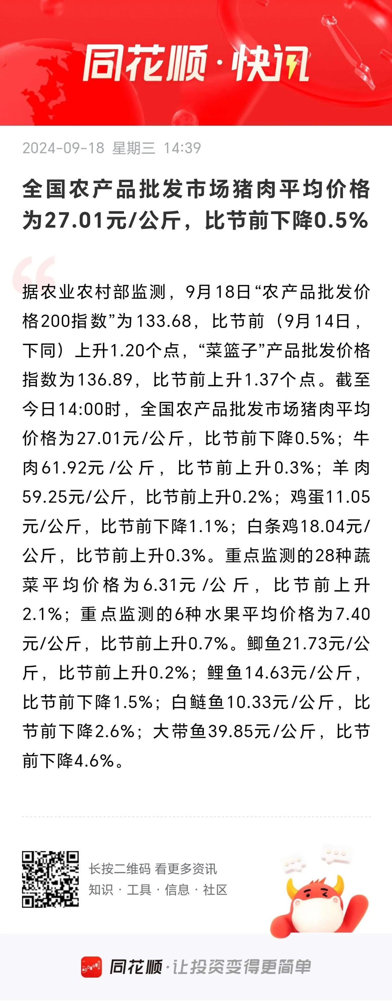 全国农产品批发市场猪肉平均价格比节前下降0.5%。
        真不知道，猪