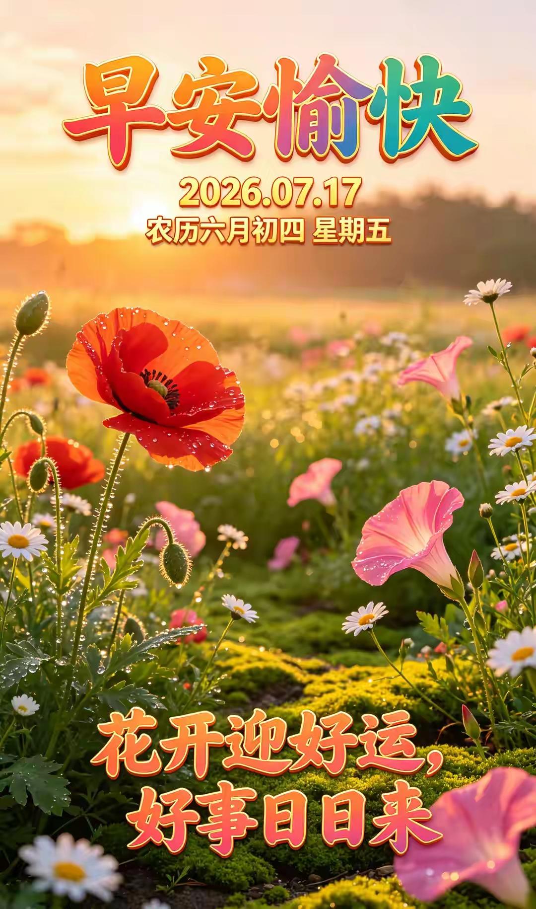 清风伴朝阳，开启清爽的一天；
一句暖心问候，捎去满满的牵挂；
愿你晨起有微笑，日
