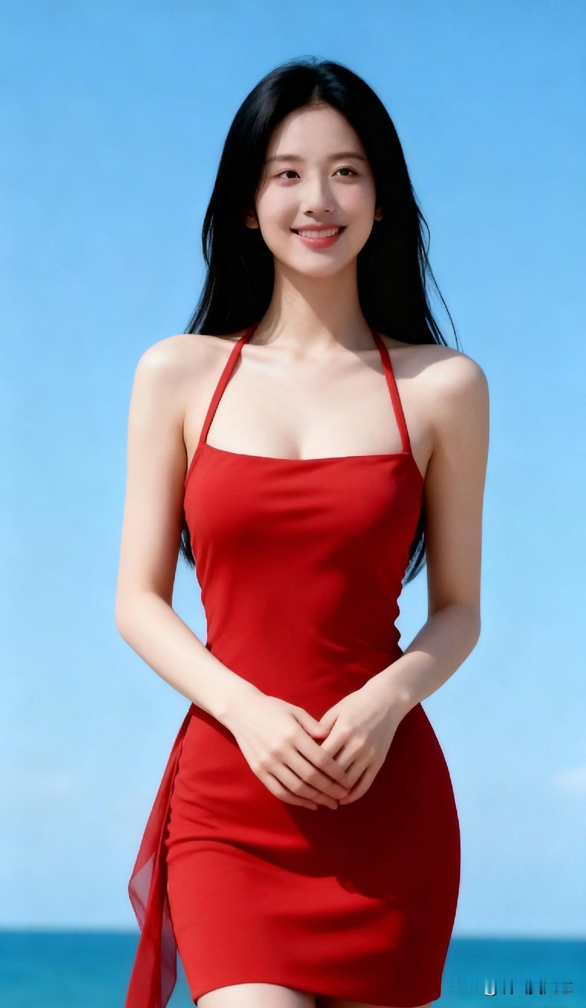 在碧海金沙的海滨，一袭红色吊带裙明媚动人。或轻踏浪沙，或凭石远眺，每一个姿态都灵