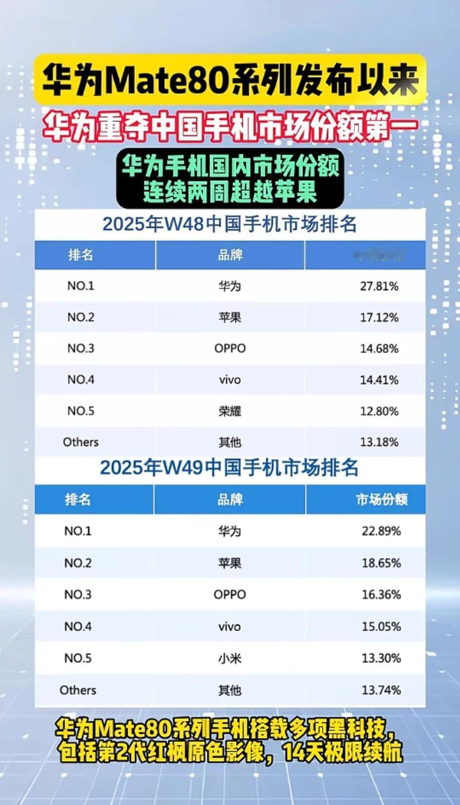华为重新称王！壮哉。[大笑]
  W48/W49指2025年第48/49周（ID