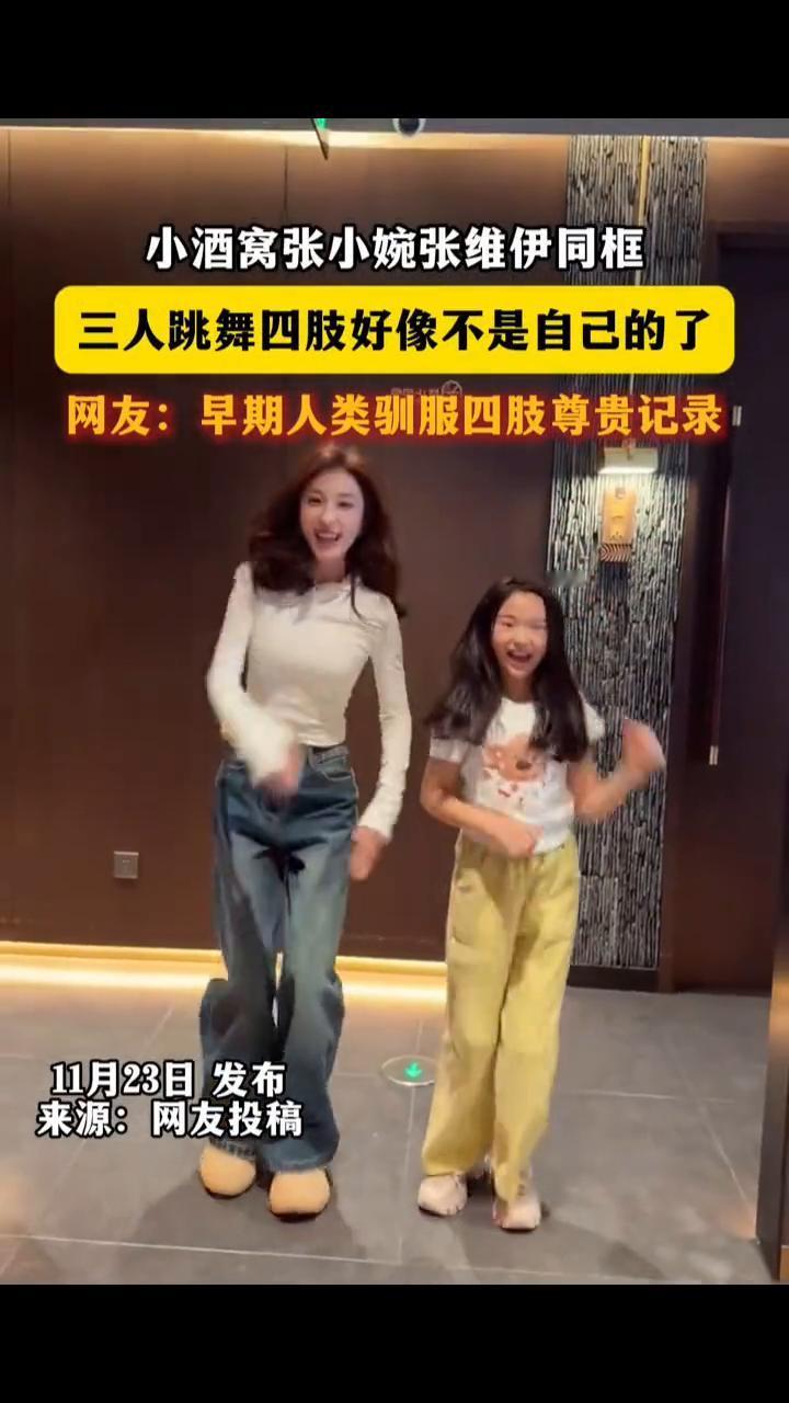 小酒窝张小婉张维伊同框，三人跳舞四肢好像不是自己的了。
网友：早期人类驯服四肢尊