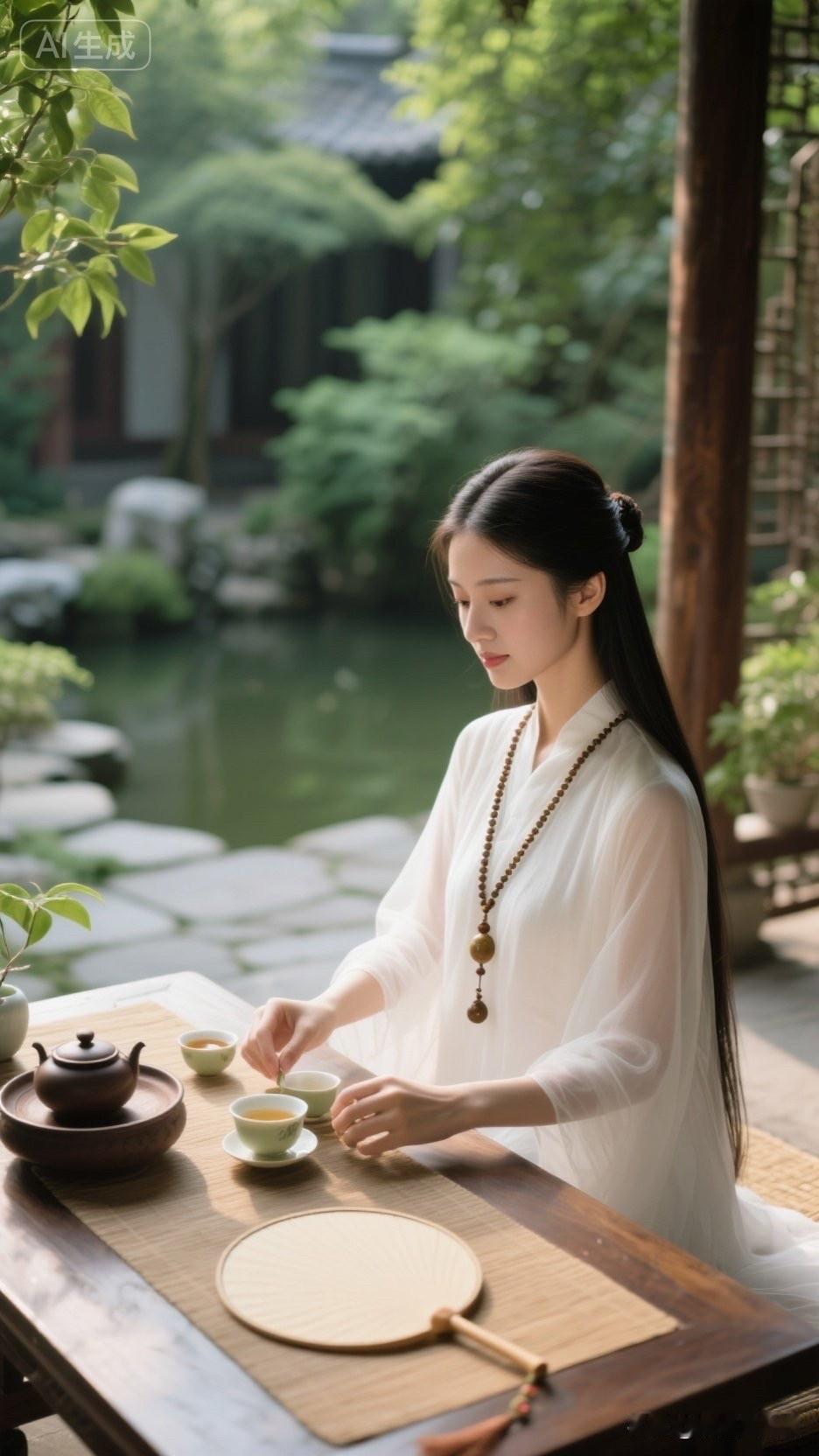 一位女子在茶馆里品茶。