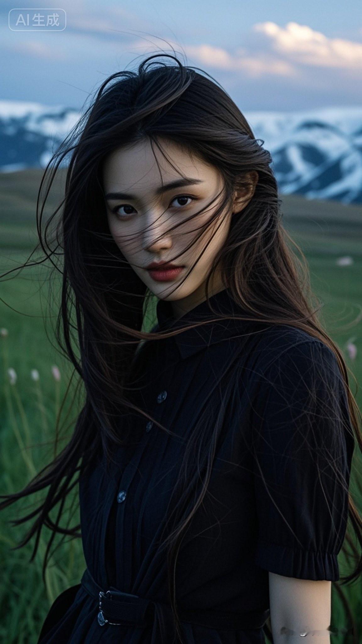 黑发飘飘，山间仙子，自然之美
