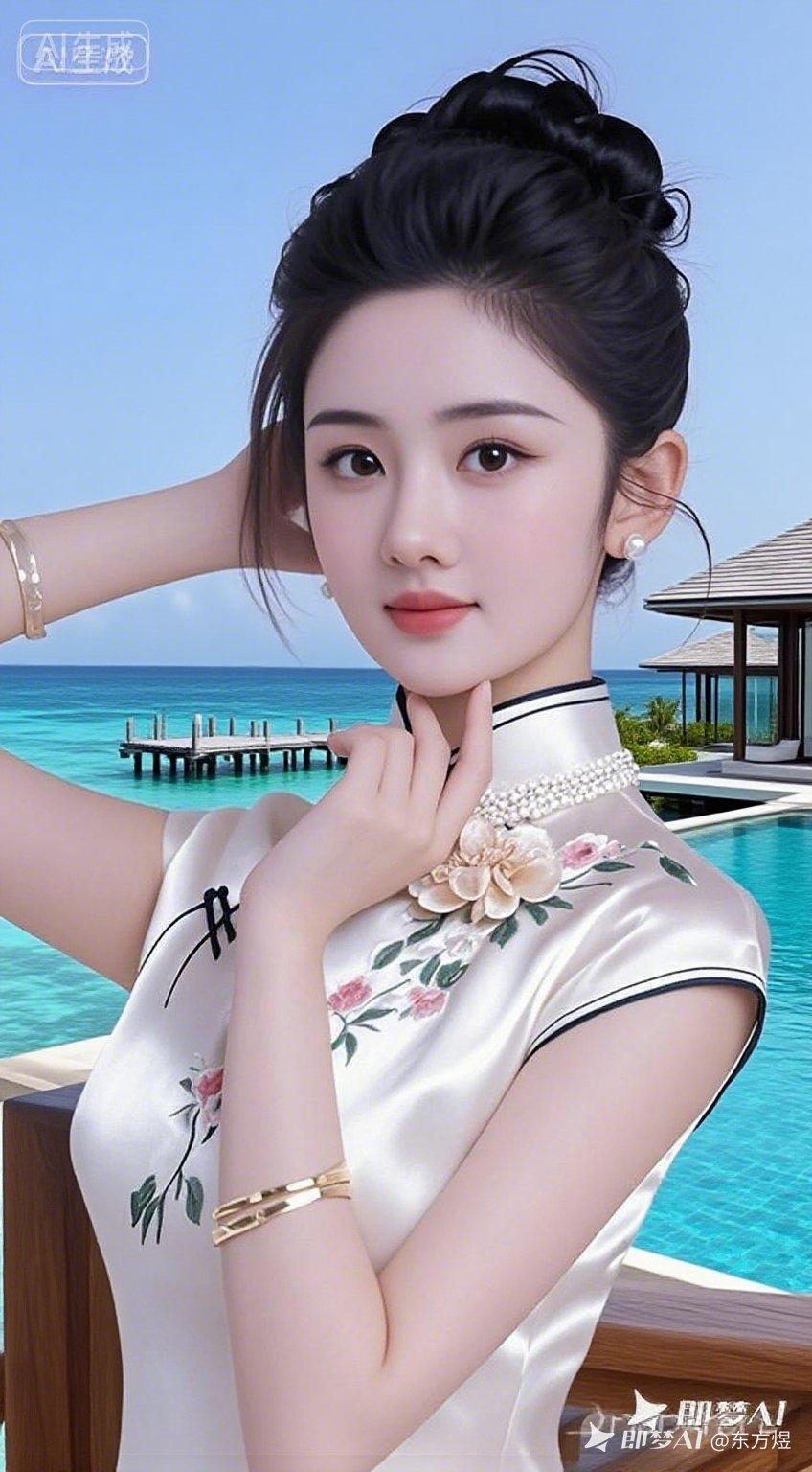 青春少女立木质围栏旁，临海礁岛现代纯白流线别墅配玻璃幕墙，无边泳池映碧海，椰树珊