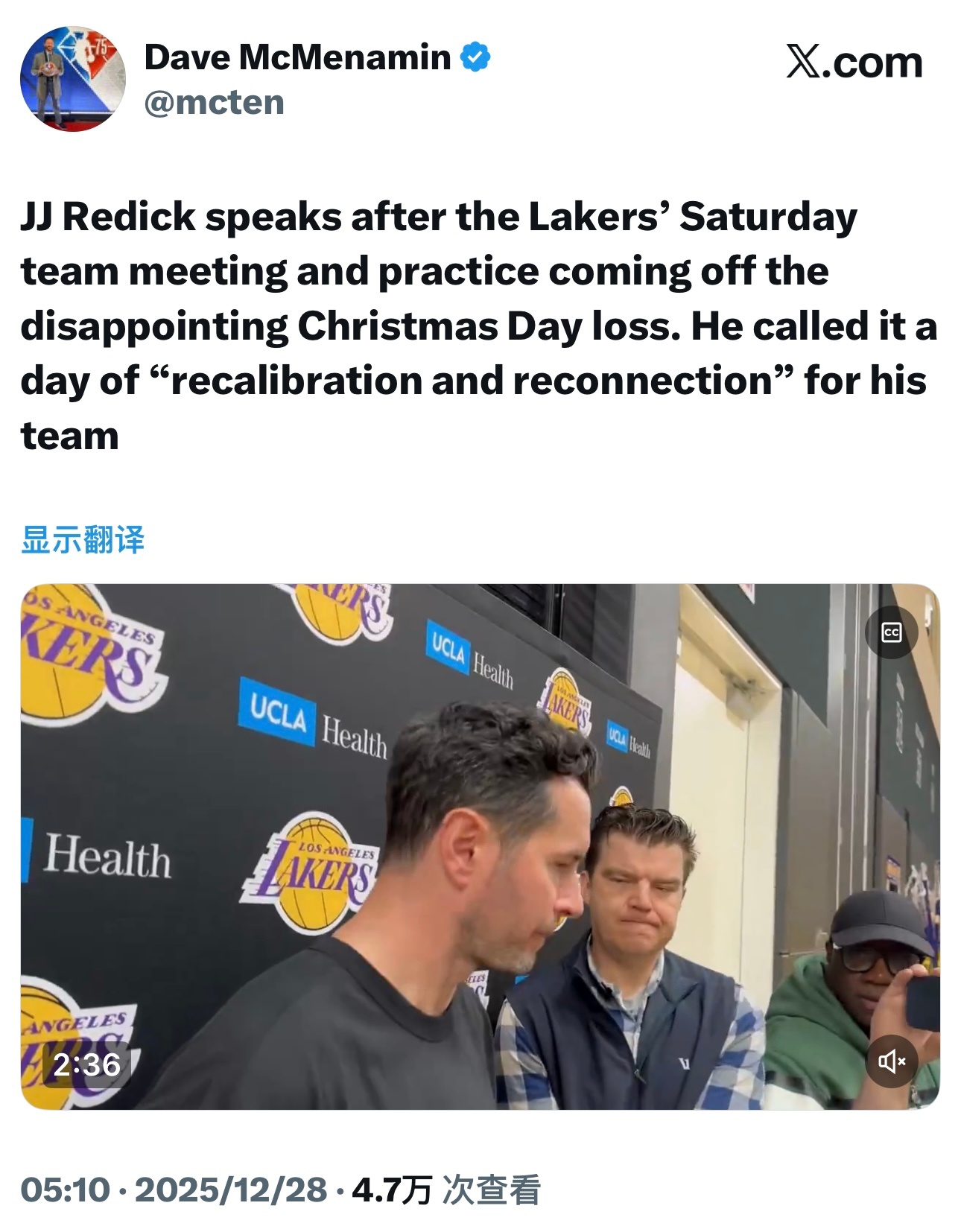 雷迪克在湖人周六的队内会议和训练后接受了采访，此次会议与训练是在球队圣诞节惨败后