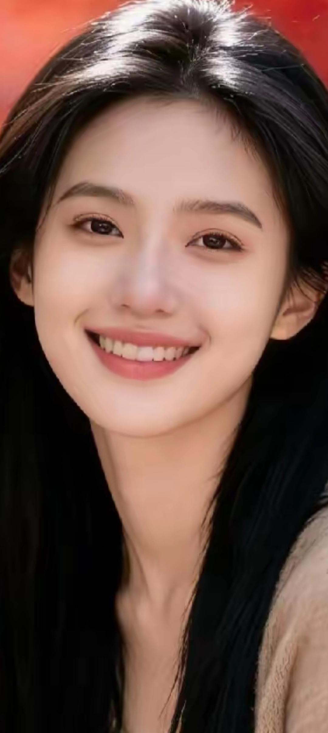 甜美笑容，黑发飘逸，元气满满的一天！😊✨