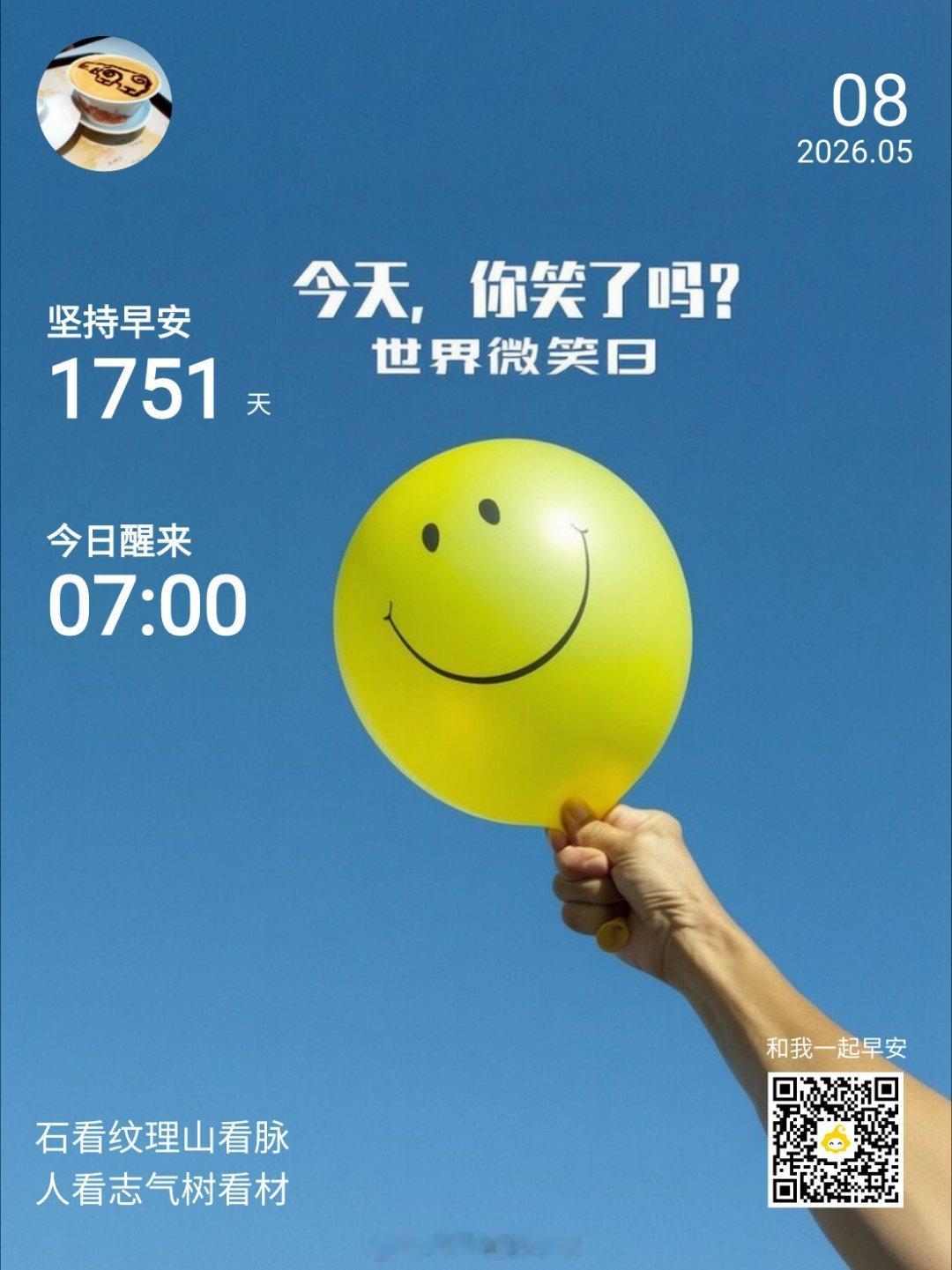 早安,新的一天世界微笑日成都天气今天是世界微笑日，嘴角上扬，微微一笑，给自己一份