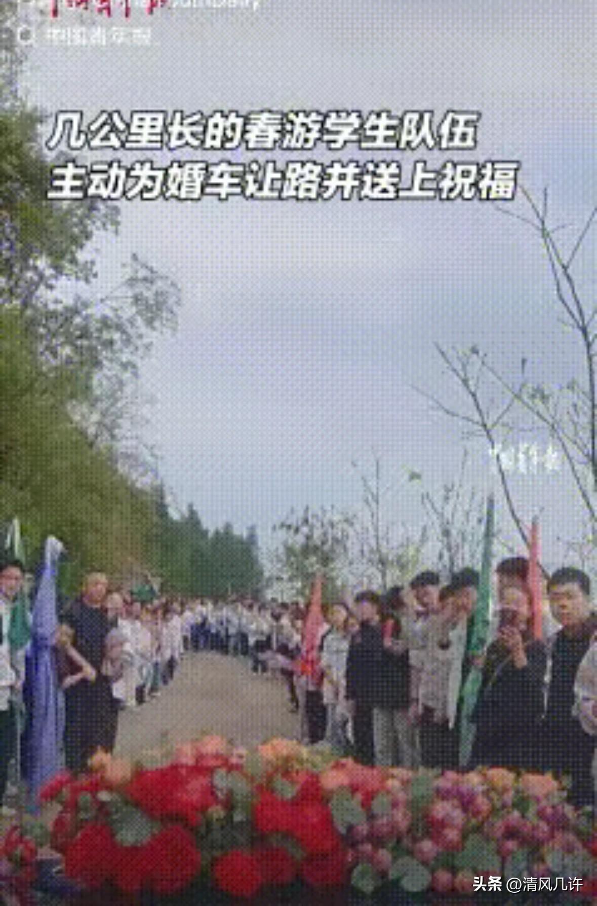 “万万没想到！”一对新人结婚，接亲车队在返程途中，一群春游的学生迎面走来，没想到