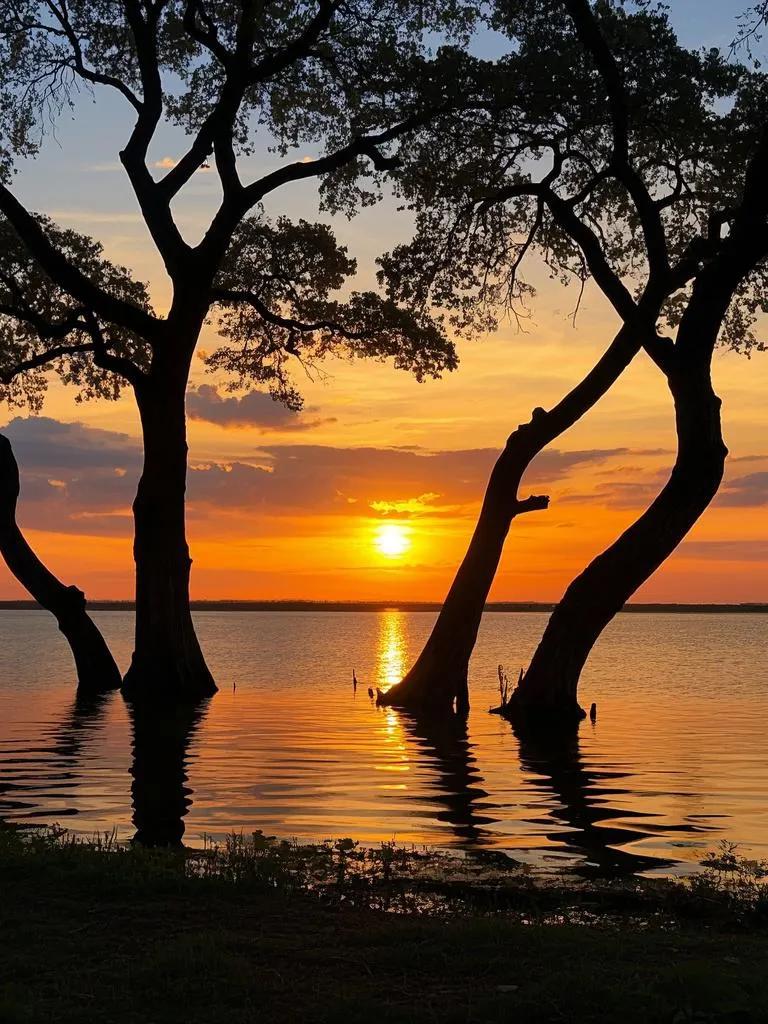 鄱阳湖畔，夕阳西下，湖光染金，老树投影，天空锦霞绚烂，大地暮色渐浓。扑捉夕阳下的