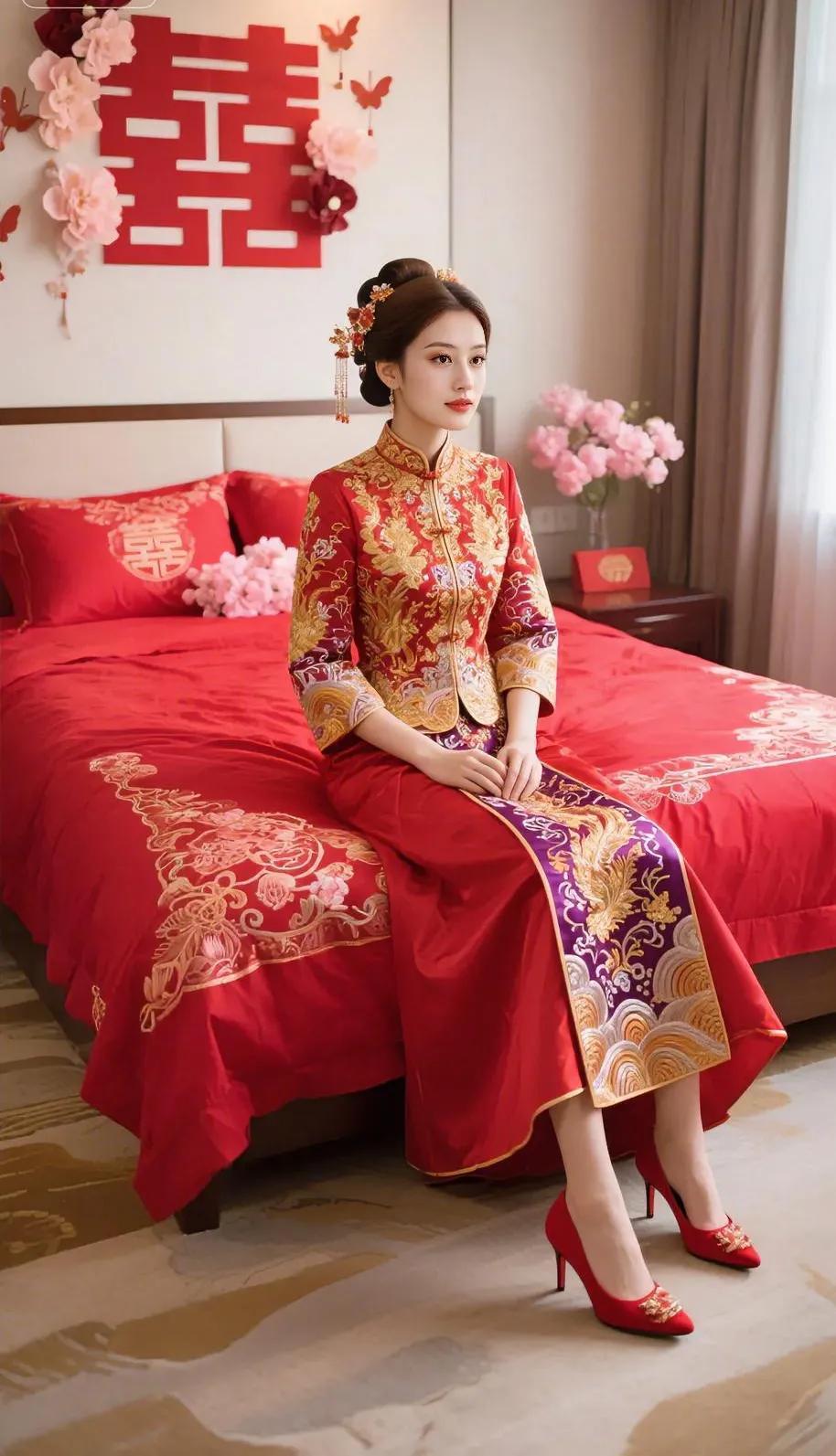 红妆映床幔，囍字藏温柔。一袭秀禾服，金线绣满龙凤呈祥的期许，鬓边珠翠摇曳着东方古