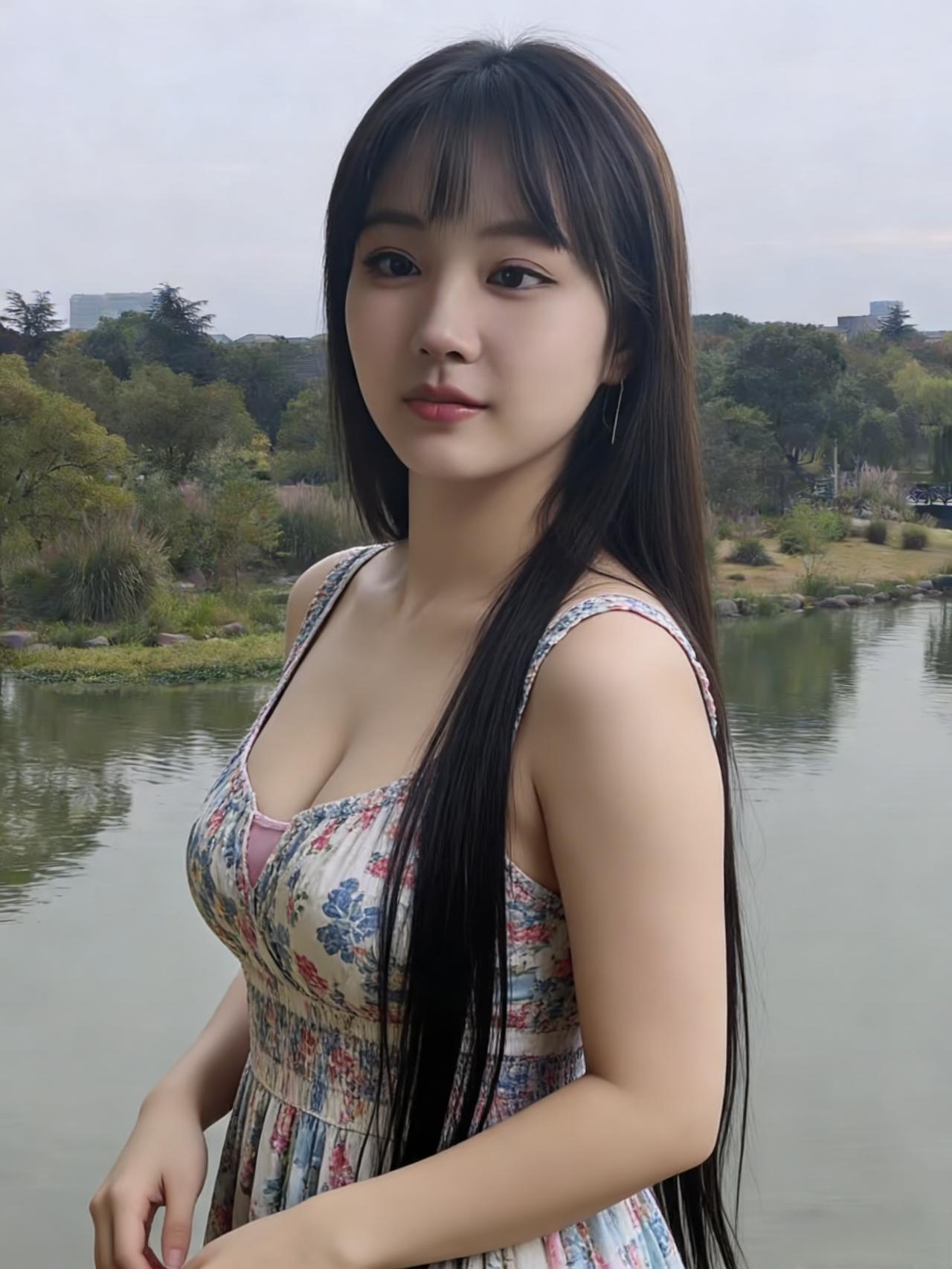 湖畔立花裙，风轻水漾纹。
回眸一笑浅，湖色醉三分。