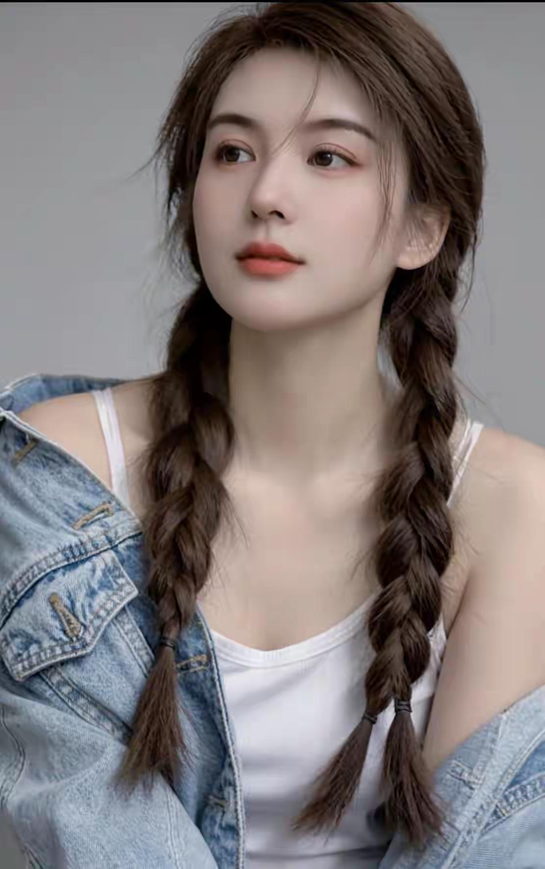 少女心满满，牛仔外套+白色背心，双马尾辫，清新自然。