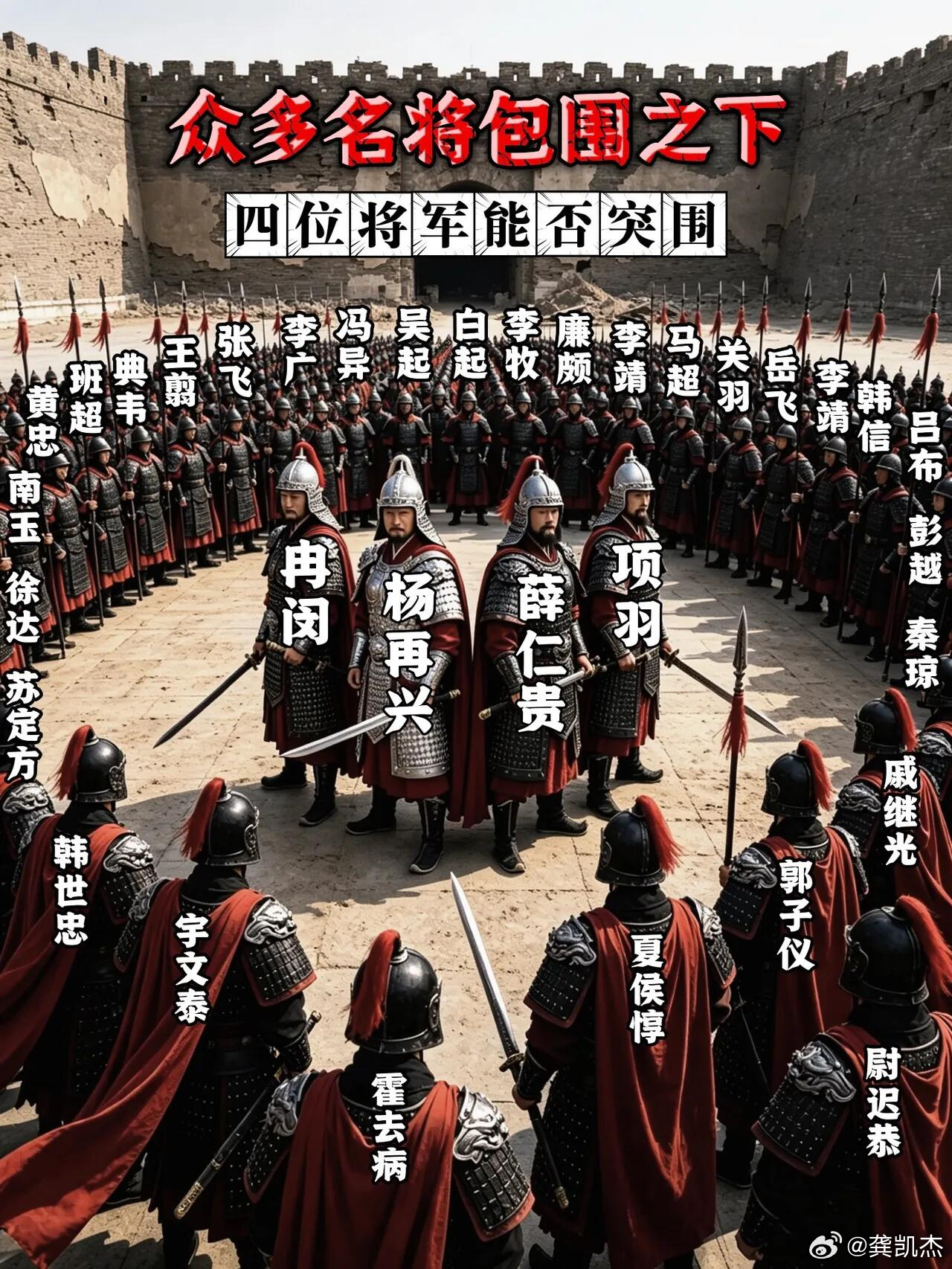 以你对历史武将的了解，你觉得中间这四位将军在众多名将包围之下能否成功突围？ 
