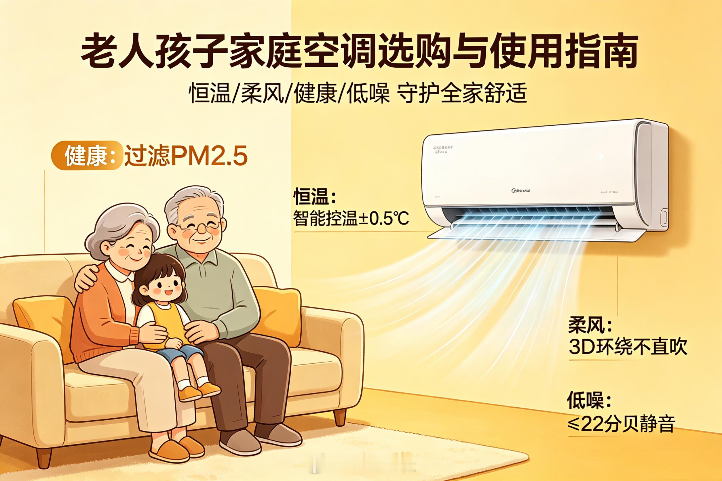 如何给老人孩子选空调**选购要点**：优先一级能效变频款，支持0.5℃精细调温，