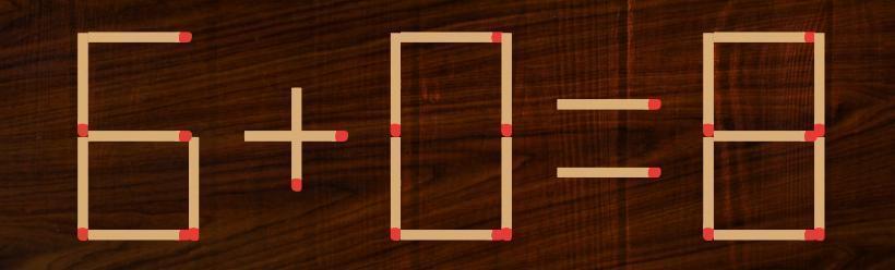 桌面上，火柴拼出一道不成立的算式 6+8＝0”。一眼便能看出，6加8的结果显然不